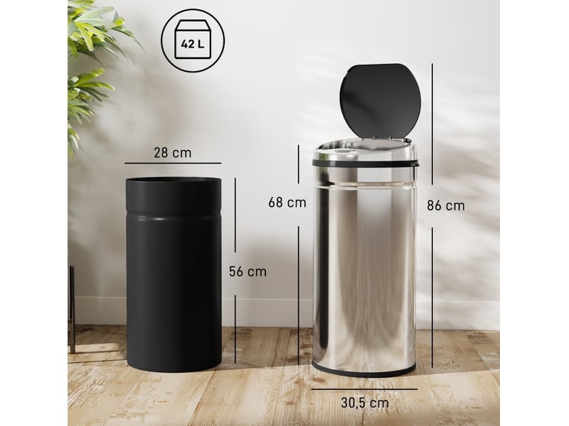  Poubelle automatique à capteur 42 l ø30,5 x 68 cm – argent – infrarouge, seau amovible en acier inoxydable  - Conforama C