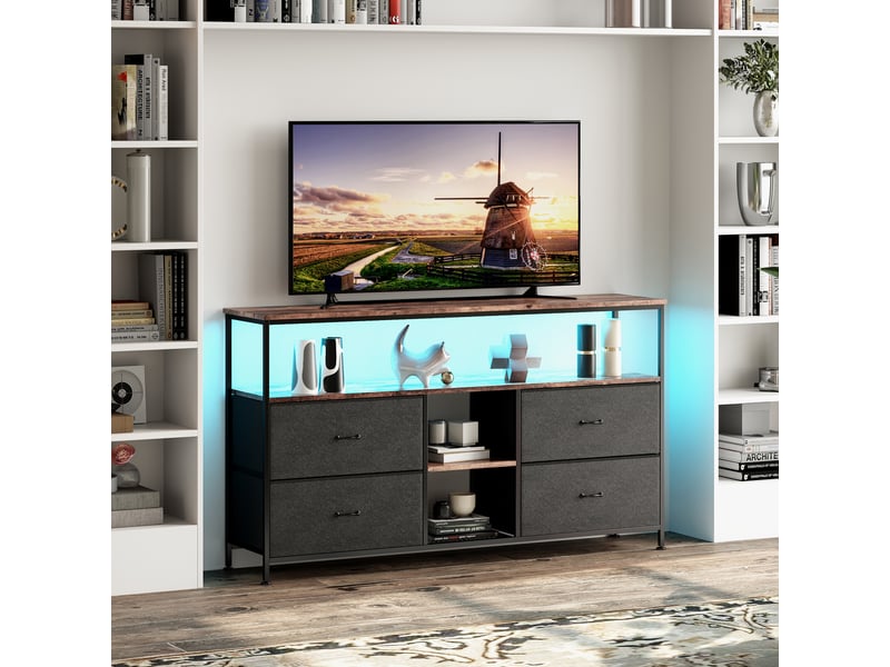  Meuble tv haut 137x29,8x78cm avec rangement, motif bois, 4 tiroirs, led, buffet de salon, bois et fer, noir  - Conforama B