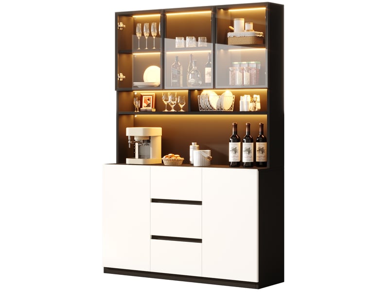 Buffet - 120 x 38 x 200 cm - meuble de rangement de salon avec led, portes en verre gris, 2 portes et 3 tiroirs - noir - Conforama A