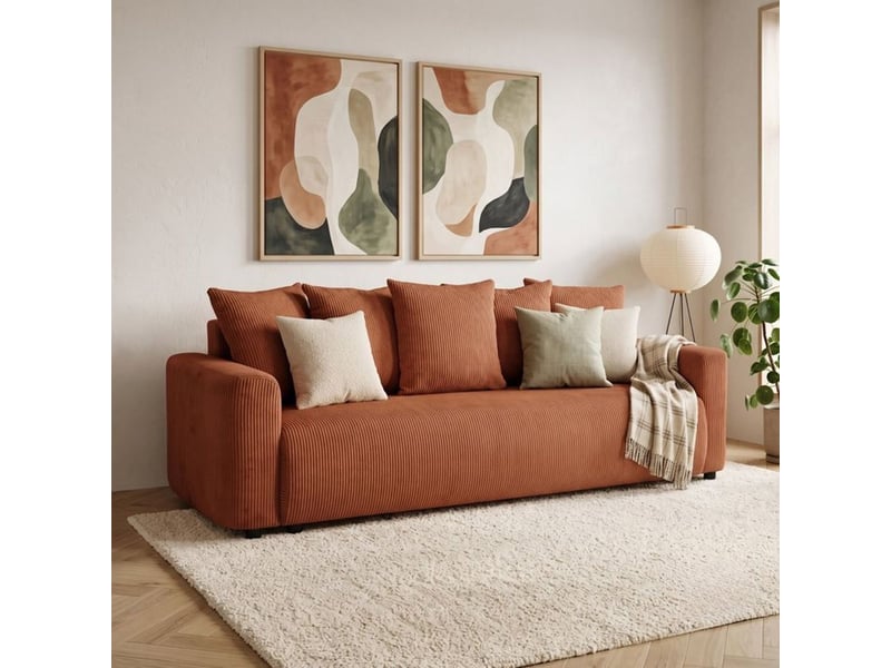  Canape convertible 3 places pharell 2 velours cotelé terracotta avec coffre de rangement 228x97x88 cm B007894 - Conforama B