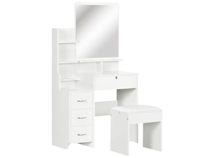 Ensemble de coiffeuse avec tabouret rembourré grand miroir + 4 tiroirs blanc + plusieurs étagères ouvertes