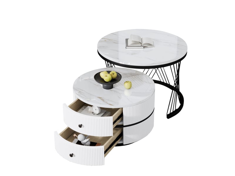  Table basse gigogne effet marbre blanc - lot de 2 tables rondes avec 2 tiroirs  - Conforama A