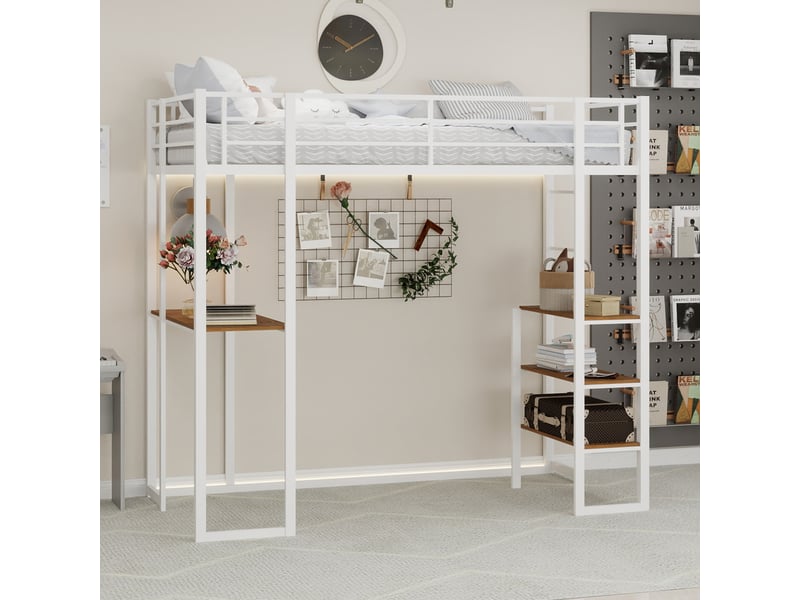  Lit superposé en fer 90x190 cm blanc avec échelle et garde-corps bureau et rangement intégrés pour chambre enfant et adolescent Sol Morn - Conforama B