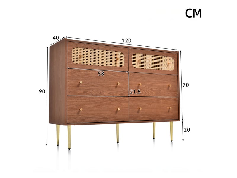  Commode à 6 tiroirs, 120 x 40 x 90 cm, cannage de rotin et poignées dorées, effet noyer  - Conforama C