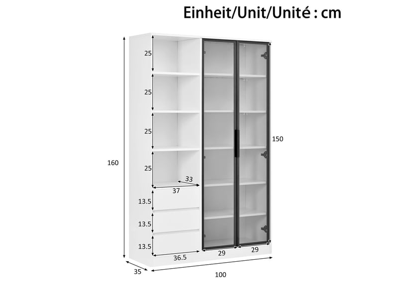 Vitrine 3 tiroirs meuble de rangement design blanc 2 portes vitrées droites en verre trempé tablette réglable en hauteur éclairage led intégré  - Conforama C