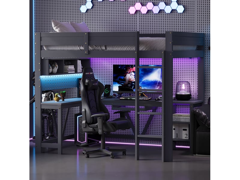  Lit mezzanine gaming 90x200 cm, garde-corps, lit enfant, rangement, avec éclairage led, bureau et recharge, en bois+mdf, gris sans matelas  - Conforama E