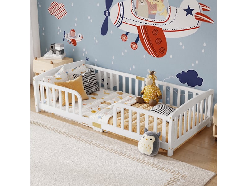  Lit au sol enfant 90x200 cm en pin blanc avec barrières de sécurité  - Conforama B