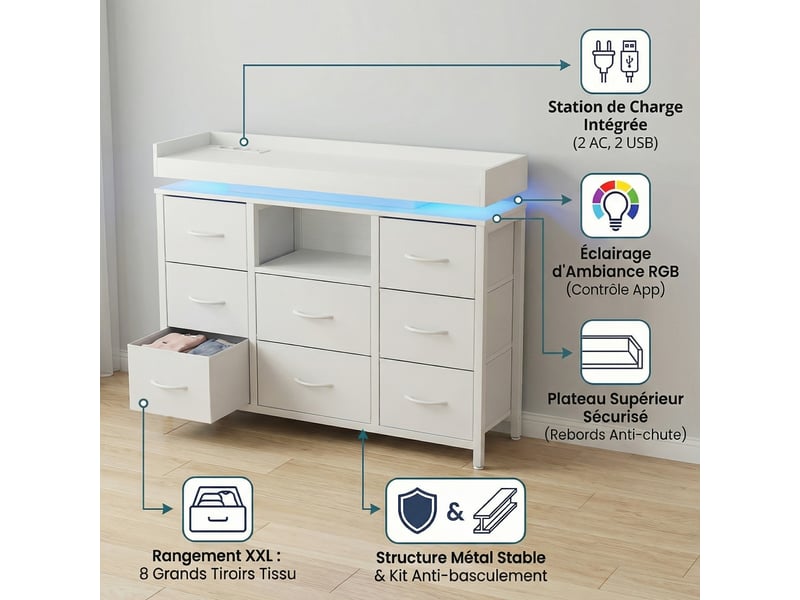Commode chambre, 8 tiroirs, led rgb et station de charge, meuble de rangement 108x30x82 cm, métal et tissu, style industriel moderne, blanc - Conforama C