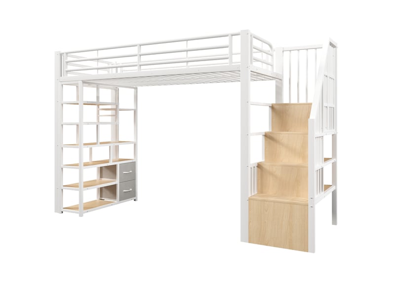 Lit mezzanine enfant 90x200 cm blanc métal et mdf, rangements, escalier et éclairage led intégré - Conforama D