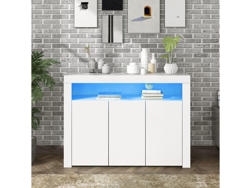 Buffet moderne led - blanc brillant - éclairage led intégré - télécommande incluse - dimensions 130x35x95cm 130x35x95cm - Conforama A