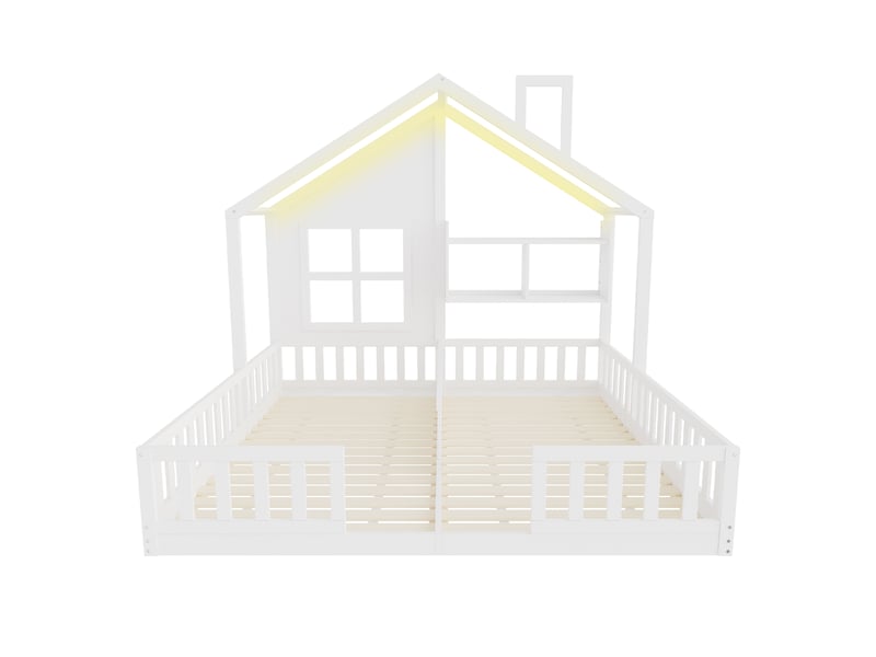 Lit enfant cabane avec fenêtres, bois blanc, 90 x 200 cm, led, étagères et garde-corps - Conforama A