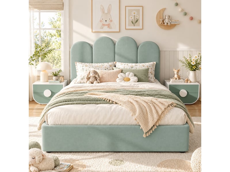 Lit avec rangement vert velours, lit jeune 140x200 cm, surface de couchage confortable, design plat pour look moderne  - Conforama E
