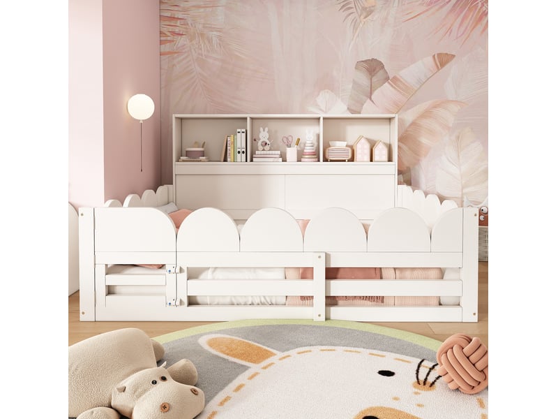  Lit enfant bas 140 x 200 cm blanc avec barrières, porte, étagères et sommier à lattes  - Conforama B