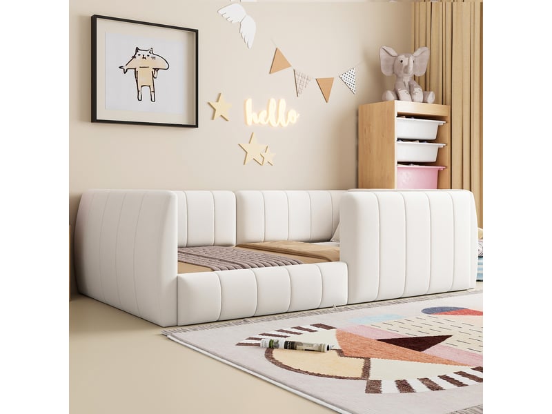 Lit enfant 90x200 cm, lit plateforme rembourré avec barrières de sécurité, tête de lit capitonnée et cadre bas - beige - Conforama E