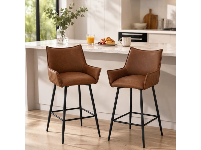 Tabouret de bar lot de 2 avec dossier, accoudoirs et pieds antidérapants, en cuir pu marron - Conforama C