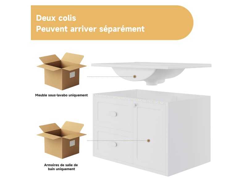 Meuble sous vasque suspendu avec led à détecteur radar et 2 tiroirs - lpospi - lavabo céramique, mdf laqué blanc 76 × 46 × 51 cm  - Conforama E