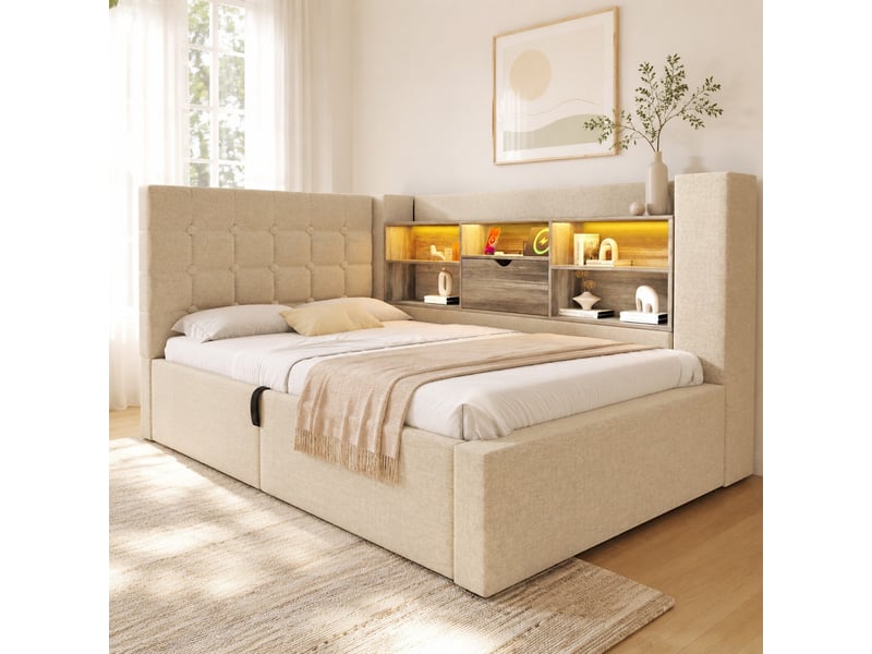 Lit simple 90x190 cm avec rangement hydraulique et led en lin beige - Conforama C