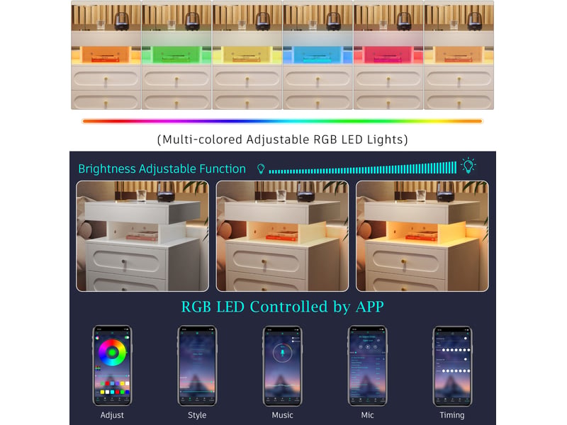  Table de chevet led 50x40x60 cm avec 2 tiroirs et 1 espace ouvert panneau de particules blanc  - Conforama A