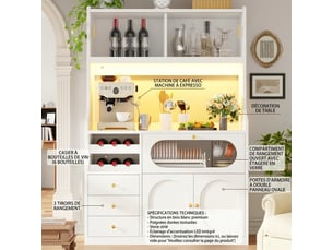 Buffet de cuisine haut blanc 120 cm avec led rgb, portes coulissantes en verre et range-bouteilles