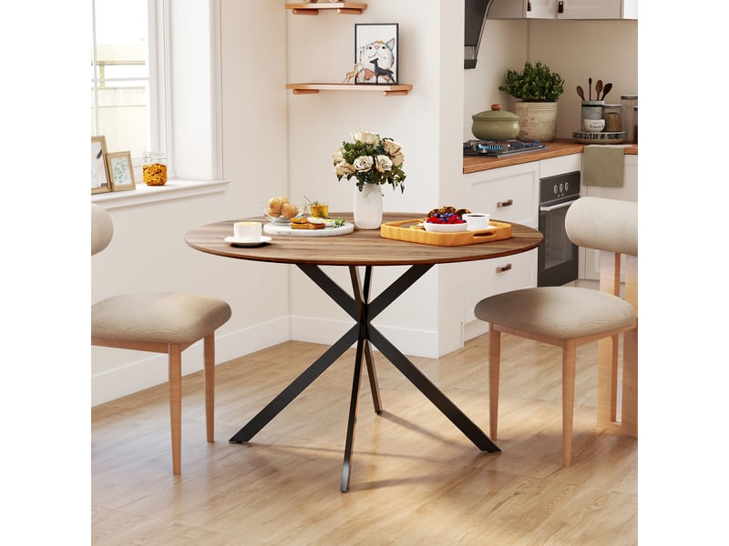  Table à manger ronde pour 4 personnes 120 cm style industriel avec plateau aspect bois, piètement croisé en acier, marron  - Conforama C