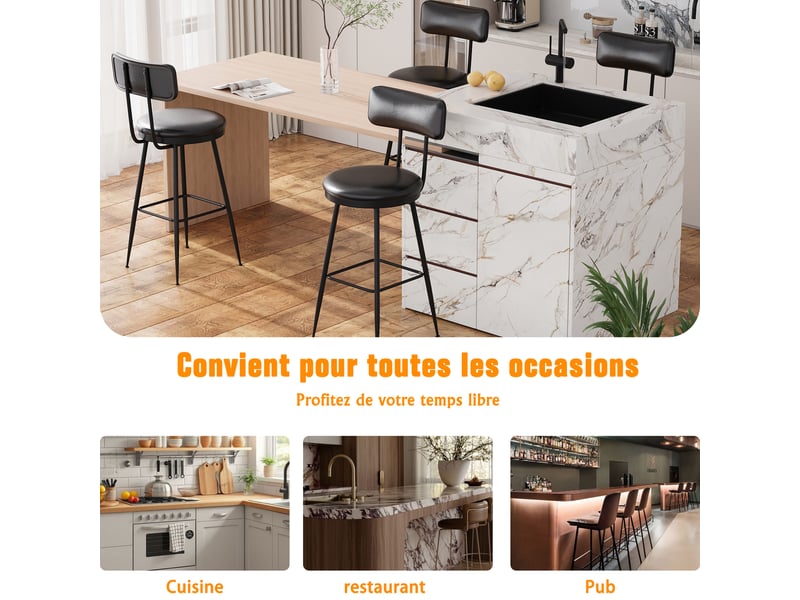  Tabouret de bar - tabouret de bar lot de 4 - assise 65 cm - métal &amp; pu - noir  - Conforama D
