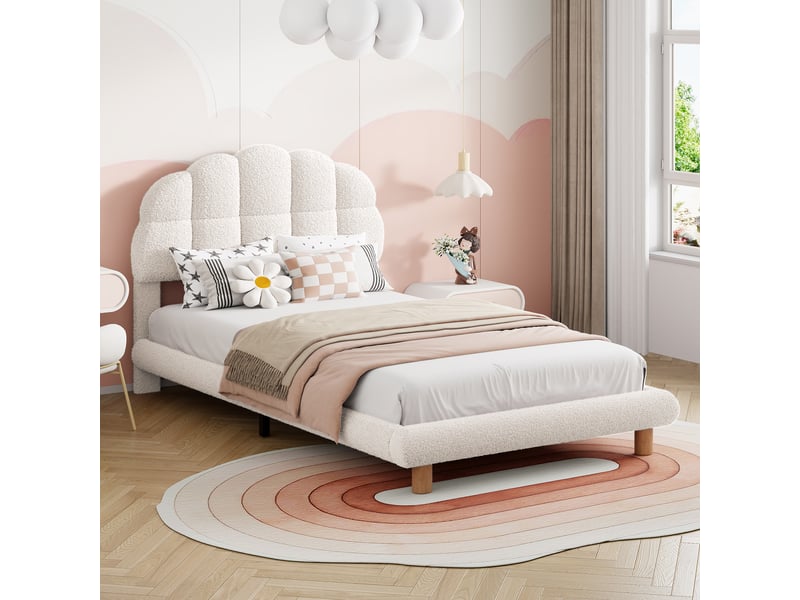  Feeohome lit enfant fille 90 x 200 cm, lit simple rembourré avec sommier à lattes, lit de princesse avec tête de lit à pétales, tissu de velours, sans matelas (beige)  - Conforama D