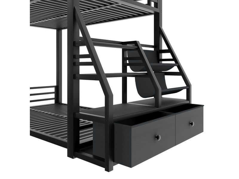  Lit superposé 2 × 90 × 200 cm, escalier à tiroirs et led, noir  - Conforama E
