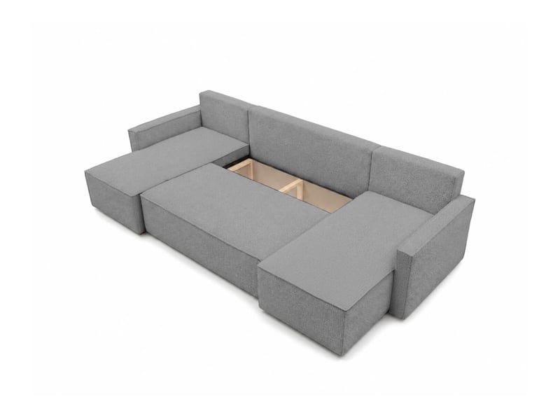  Farah - canapé d'angle panoramique convertible 6 places accoudoirs slim en tissu bouclettes généreuses  - Conforama D