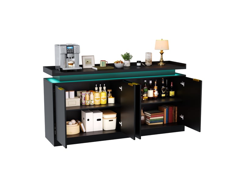  Buffet de cuisine led rgb avec 4 portes et rangements ouverts, en mdf noir, pour cuisine, 160 × 39 × 83 cm  - Conforama A