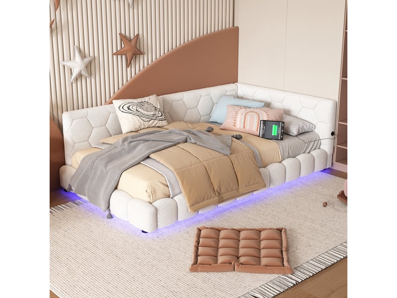  Canapé-lit 90 × 200 cm, lit avec sommier à lattes, éclairage d'ambiance à 16 couleurs, port usb-c, tissu imitation peluche, blanc  - Conforama D
