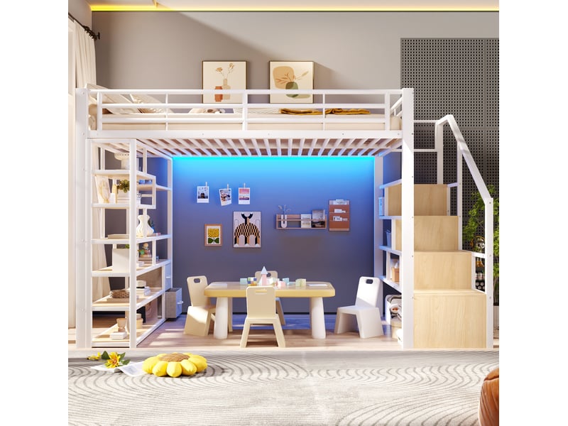  Lit mezzanine enfant 140x200 cm blanc métal et mdf, escalier avec rangement et bande led multicolore  - Conforama B