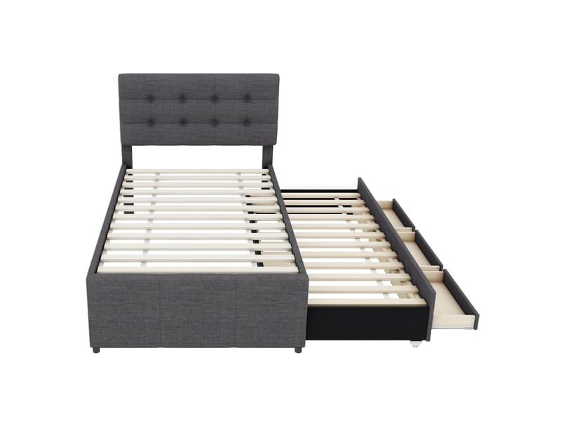  Lit gigogne gris 90x200/90x190 cm avec 3 tiroirs et tête de lit réglable  - Conforama D