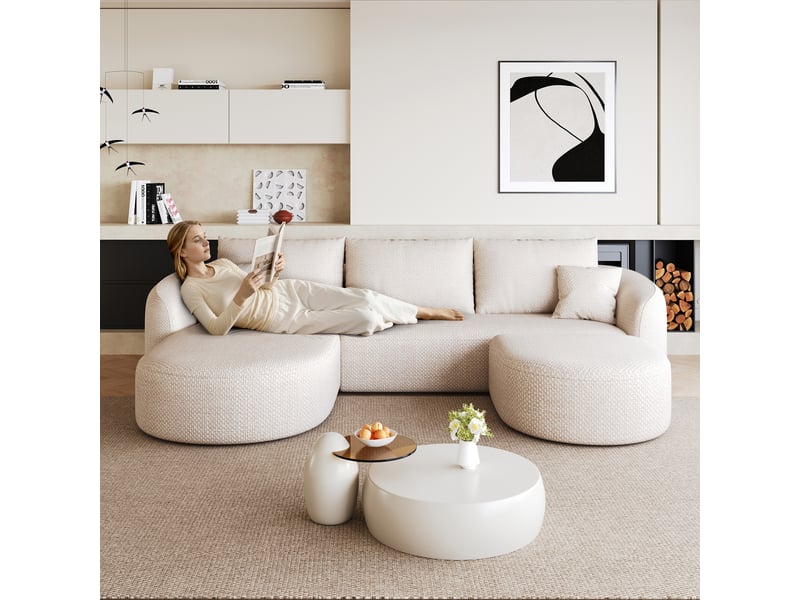 Canapé d'angle modulable en u 5 places 336x168x85 cm sans armature et sans montage, assise profonde, tissu chenille blanc - Conforama E