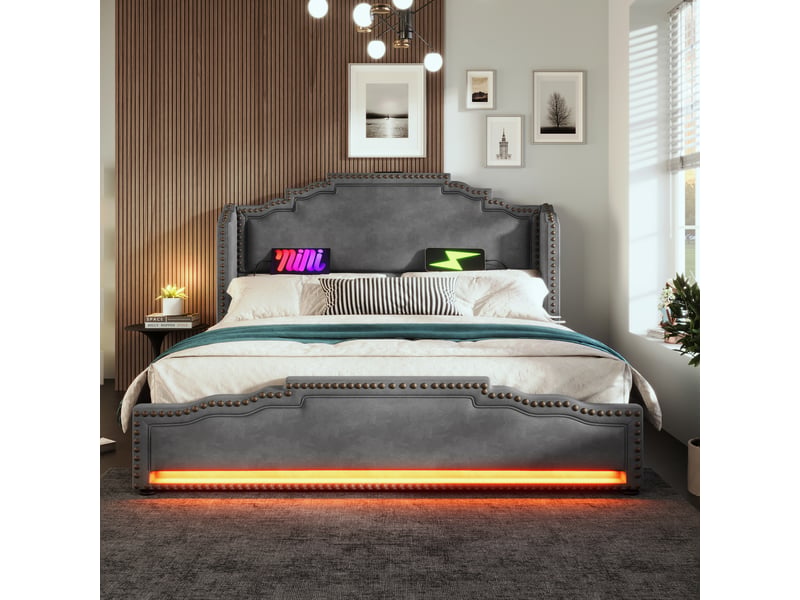  Lit 140x200 cm coffre velours gris rangements éclairage led port usb-c sommier matelas inclus  - Conforama B