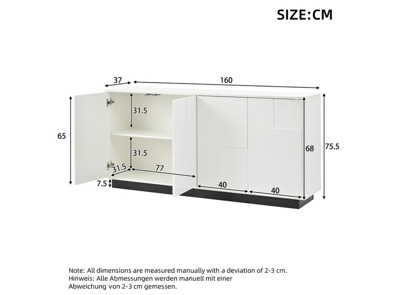 Buffet 160x37x75,5 cm, 4 portes géométriques laquées, grand rangement, panneau de particules, blanc et noir, moderne - Conforama C
