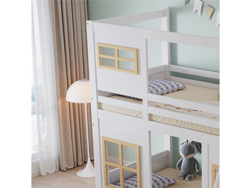  Lit superposé enfant 90 x 200 cm avec fenêtres décoratives, échelle stable, barrières de sécurité, pin, mdf, blanc et naturel  - Conforama D