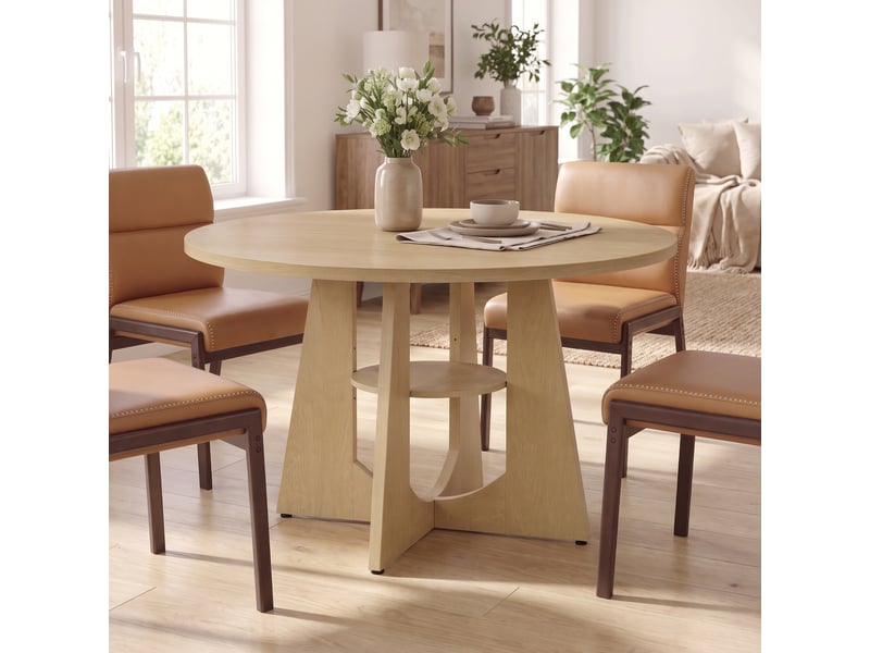  Table à manger ronde avec pied central et étagère, 120 x 120 x 75 cm, beige chêne  - Conforama B
