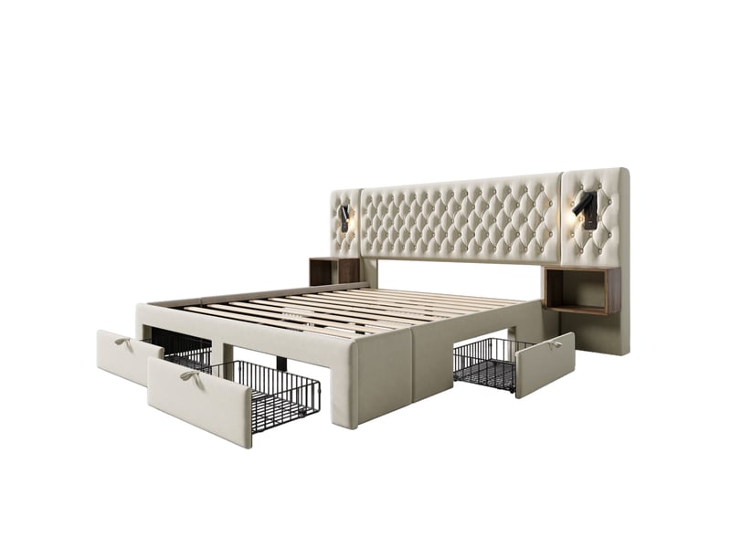 Lit double adulte,160x200 cm,avec matelas, 2 chevets et led,velours,beige - Conforama D