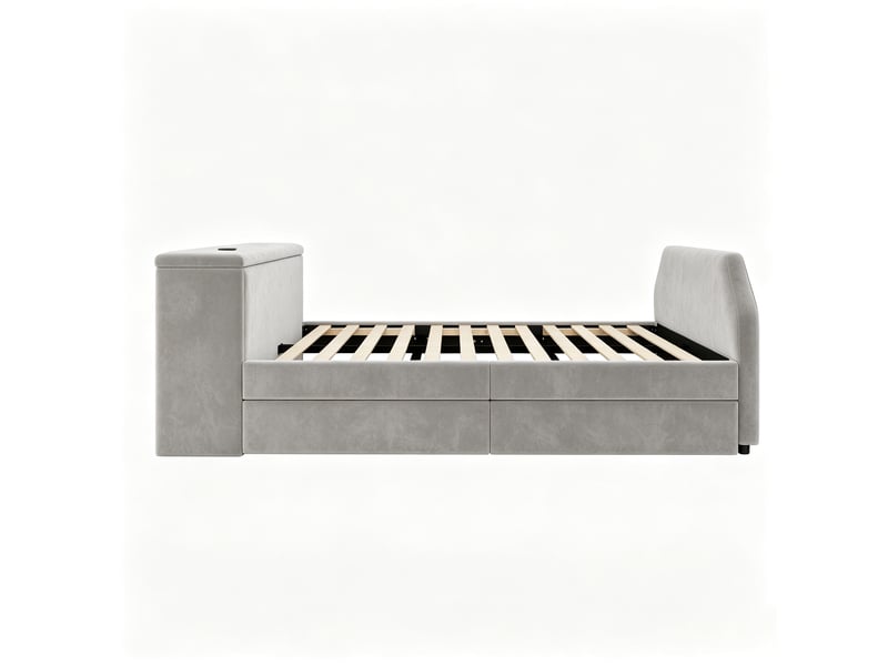  Lit enfant gigogne rembourré 140x200 cm gris avec bureau intégré, usb et lit d’appoint 90x200 cm Fay Lum - Conforama E
