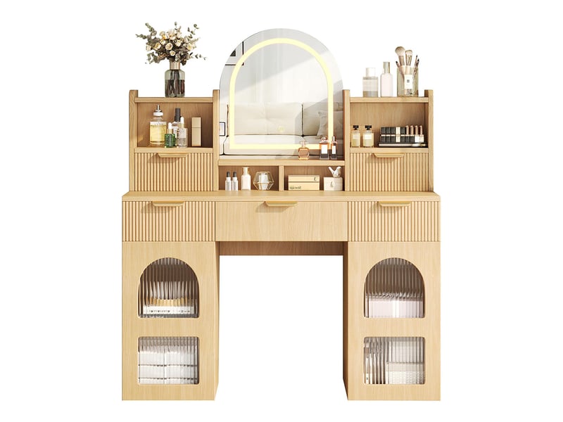 Grande coiffeuse chambre coucher éclairage led miroir 3 tiroirs 2 armoires vitrées étagères bois - Conforama D
