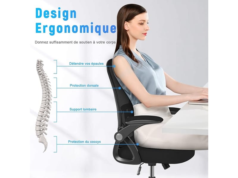  Chaise de bureau avec accoudoir relevable, fauteuil de bureau en maille respirante avec soutien lombaire, dossier inclinable et hauteur, roulette pivotant à 360°, noir  - Conforama D