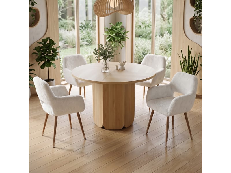 Ensemble table ronde 120x120 cm + 4 chaises mi-siècle en fausse fourrure, pieds acier laqué – style scandinave, couleur chêne - Conforama D