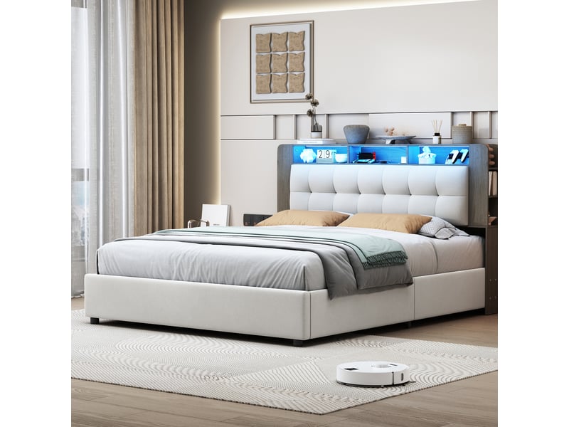 Lit double coffre - 160 x 200 cm - blanc - velours, tête de lit de rangement, chargeur sans fil, led et vérins hydrauliques - Conforama C