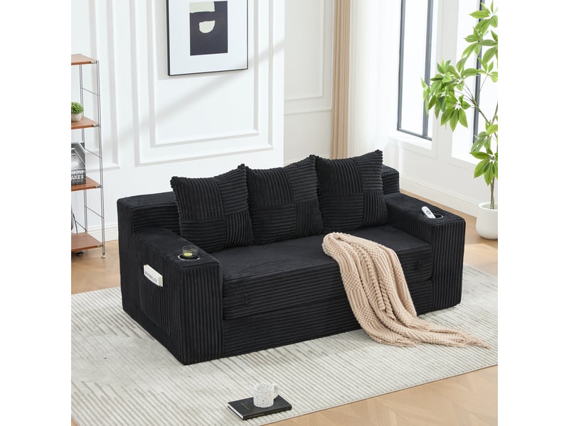  Canapé trois places avec porte-gobelets et poches latérales, design sans cadre, larges assises - noir  - Conforama D