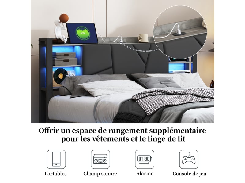  Lit double en fer et bois - 140x200 cm gris - led rvb variable - 2 tiroirs - tête de lit avec rangement et prises usb  - Conforama D