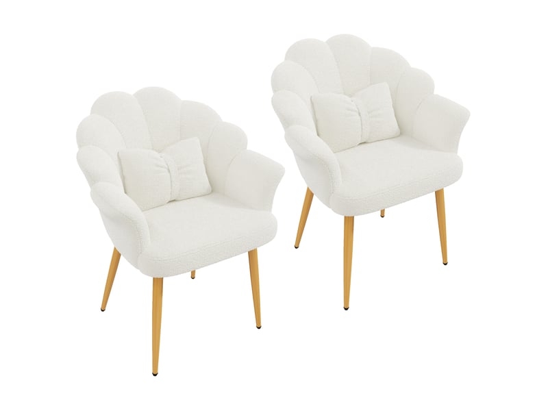 Fauteuil lot de 2 avec dossier en pétales, accoudoirs et coussin, pieds en métal doré, tissu peluche blanc - Conforama A