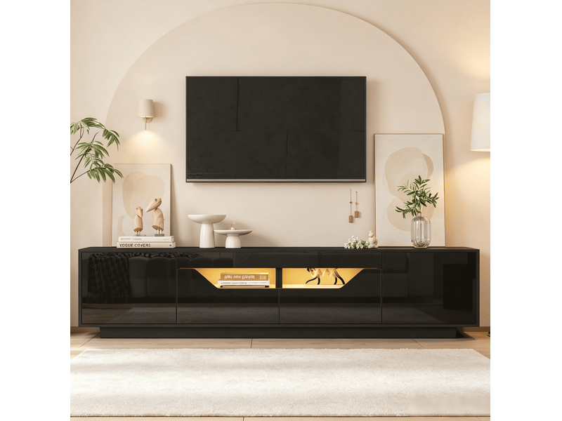 Meuble tv led avec 2 portes, 2 tiroirs et 2 niches semi-ouvertes, finition brillante, pour salon, 180 × 40 × 45 cm - Conforama C