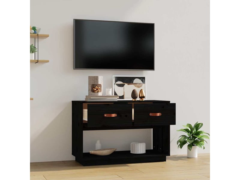  Meuble tv - banc tv - meuble de rangement noir 90x40x60 cm bois de pin massif  - Conforama C