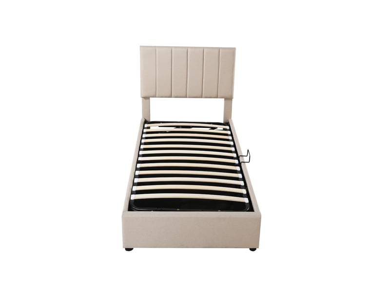 Lit adulte et enfant 90x200cm, lit simple, lit coffre, sommier et tête de lit réglable incluse, lin beige, sans matelas - Conforama A