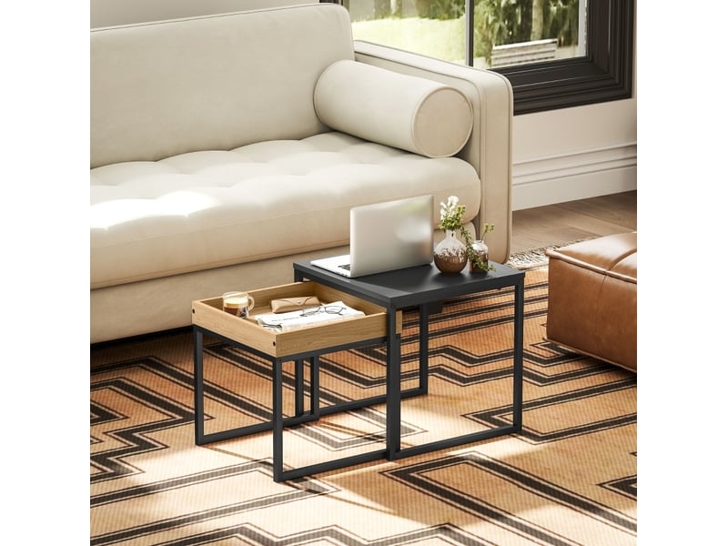  Lot de 2 tables basses gigognes carrées noires en mdf et acier  - Conforama B